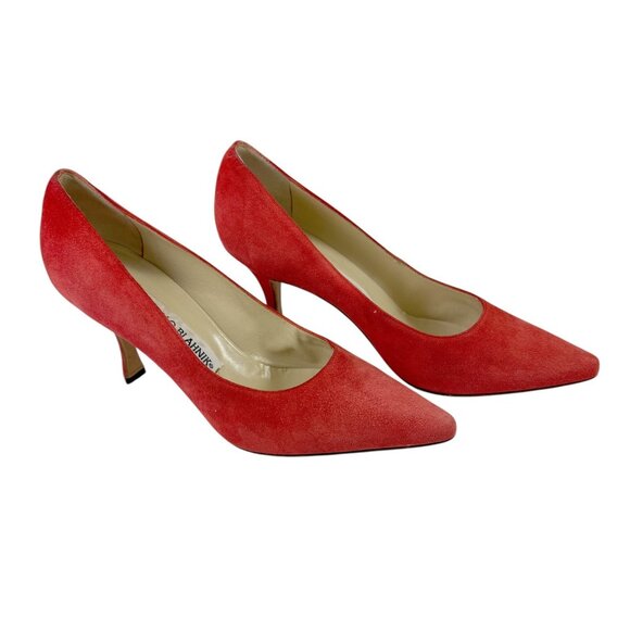 Manolo Blahnik Shoes Red Suede Leather Heels Pumps EU Size 36.5 or US 6 Italy - Picture 2 of 12